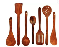 DECORASIA Non Chemical kitchen lovers Brown yellowish Kitchen Tool Wooden Dessert Spoon, Serving Spoon, Salad Spoon, Soup Spoon, Table Spoon Set  (Pack of 7)