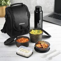 CELLO MF All in One Lunch Box Set of 5 with Bag,Black | 3 Containers with Steel Inner, 1 Plastic Pickle Box and 1 Steel Bottle | Microwave Safe | Insulated Tiffin Ideal for Office, School, College