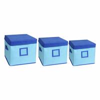Solimo Square Fabric Storage Box with Lid Set of 3 Piece, (Medical Blue and Royal Blue, Standard Size)
