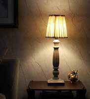 Mango Wooden Table Lamp by Tucasa: Elegant Illumination for Bedroom and Living Room Décor - Pack of 1, Bulb Not Included (PLEATED OFF-WHITE COTTON SHADE)