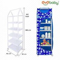 OYO BABY New Baby Multipurpose 6 Shelves Durable Foldable Almirah | Unbreakable Material | Cartoon Printed Cover (Blue) Wardrobe