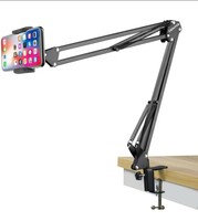 Sounce Lightweight Tabletop Stand Phone Holder, Metal Long Lazy Arm and Bracket for All Mobile for Video Recording, Streaming Video, Office, Compatible Upto 4-7 Inches [Black] 