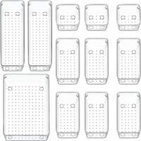 Arto Clear Transparent Acrylic Drawer Organizer Set with Various Size for Bathroom,Bedroom Dresser,Cosmetics Makeup,Kitchen Utensil,Office,Stationery,Drawer Tray Dividers,Vanity Trays (Pack of 12)