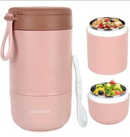 YELONA Stainless Steel Lunch Pot for Meals, Lunch, Tiffin Box for Men, Women, Kids Leakproof Meal Jar with Foldable Spoon for Office, School, College- Baby Pink, 730 ML 