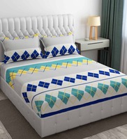 Blue and Green Geometric 220 TC Microfiber King Size Fitted Bedsheet With 2 Pillow Covers