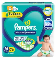 Pampers All Round Protection Pant Style Baby Diapers, Medium (M), 76 Count, 7-12kg, Anti Rash Blanket, Lotion with Aloe Vera Diapers 