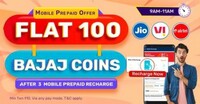 (For all users) Bajaj Finserv: Flat 100 coins after 3 mobile recharge of Rs.10  (9am-11am)