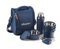 SOPL-OLIVEWARE Teso Pro Lunch Box with Steel Cutlery, 3 Microwave Safe Inside Steel Containers with BPA free Lids(290ml, 450ml & 600ml), Plastic Pickle Box(130ml), Steel Water Bottle(750ml) - Blue