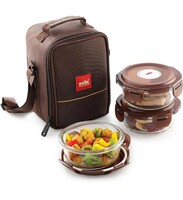 Cello MF Glassy Seal O Fresh Glass Lunch Box Set of 3 Round Containers, 400ml Each with Jacket | Microwavable Borosilicate Glass | Leak Proof Design | Tiffin for Office/School/College | Transparent 