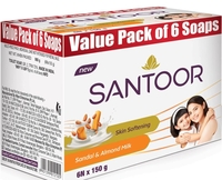Santoor Skin Softening Sandal & Almond Milk Bathing Soap 150g, Pack of 6