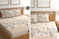 CG HOMES Beige & Blue Floral Printed 180 TC Queen Bedsheet & 2 Pillow Covers