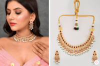DASTOOR Gold-Plated Red Stone & Beaded Jewellery Set