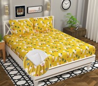 HOMEKART Premium Cotton 160tc Elastic Fitted Bedsheets with 2 Pillow Covers | Double Bed with Corner Elastic Wrinkelfree Supersoft Floral Pattren|Size-72 x 68 + 6 inches | Mustarded & Green