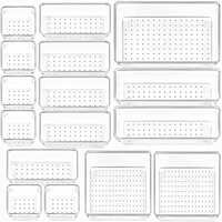 Arto Clear Transparent Acrylic Drawer Organizer Set with Various Size for Bathroom,Bedroom Dresser,Cosmetics Makeup,Kitchen Utensil,Office,Stationery,Drawer Tray Dividers,Vanity Trays (Pack of 16)