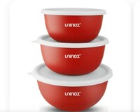 Uninox Stainless Steel 3 Piece Set Microwave Bowl With Lid | Serving And Storage Set| Red | Air Tight | 450Ml, 900Ml, 1350Ml