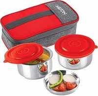 MILTON Pasto Lunch Box 2 Double Wall Stainless Steel Containers with Denim Insulated Jacket, Set of 2, 350 ml, Red
