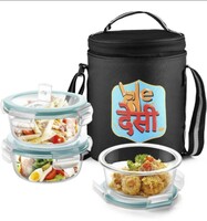  Treo by Milton All Fresh Glass Tiffin Containers With Insulated Jacket (Wedesi print), 3 Containers, 400 ml Each, Black, Microwave Safe, Ovensafe, Stackable, Leak Proof, Office