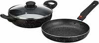 Amazon Brand - Solimo Aluminium 3 Piece Non-Stick Cookware Set with Detachable Handle| Granite Finish | Induction Base | Pfoa Free | High Temperature Resistant Exterior Coating | Black