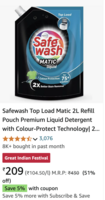 Safewash Top Load Matic 2L Refill Pouch Premium Liquid Detergent with Colour-Protect Technology| 2X Stain Removal | For All Types of Fabrics