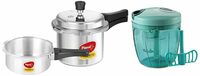Pigeon by Stovekraft Mini Combi Aluminium Pressure Outer Lid Cooker Set, 2 and 3 Litres with Common Lid & Handy Chopper with 5 Stainless Steel Blades and 1 Plastic Whisker (XL, Green)