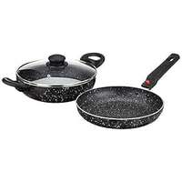 Solimo Aluminium 3 Piece Non-Stick Cookware Set with Detachable Handle| Granite Finish | Induction Base | Pfoa Free | High Temperature Resistant Exterior Coating | Black