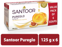 Santoor by Wipro PureGlo Glycerine Bathing Bar Soap with Almond Oil for Nourished & Glowing Skin  (6 x 125 g)
