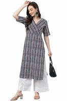 Janasya Women's Navy Blue Cotton Geometric Straight Kurta