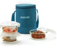 BOROSIL Teal Lunch Box with Bag, 3 Pc (400 ml x 3 Round),Glass Office Tiifin 3 Containers Lunch Box  (1200 ml)