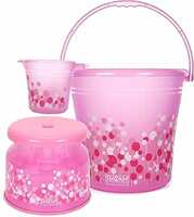 Ratan Plastics 3 Pieces Bathroom Set 1 Frosty Bucket 16L + 1 Frosty Mug 1000ml + Nova Patla 107 Bubble Print - Pink, Standard (ECCPL980043-001)
