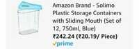 Solimo Plastic Storage Containers with Sliding Mouth (Set of 12, 750ml, Blue)*