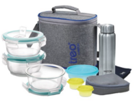 Treo All Fresh Premier 8 Pcs Transparent & Blue Glass & Stainless Steel Lunch Box With Bag