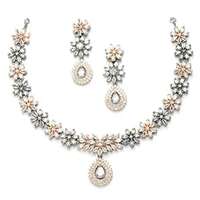 Rhodium-Plated with Silver-Toned Floral Design White American Diamond Studded Jewellery Set 
