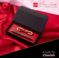 Cello Signature Pen Gift Set | Blue Ink | Pack Of 1 Rudraksha Pearl Bracelet & 1 Ball Pen | Gun Metal Finish | Premium Metal Pens for Office Use | Corporate Gifting | Stylish Gifts for Bhai Dooj