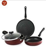 Cello Prima Induction Base Non-Stick Aluminium Pan Cookware Set of 3 (Dosa Tawa 28 cm, Fry Pan 22 cm, Kadai with Glass Lid 22 cm) | Induction & Gas Stove Compatible | Cherry Red