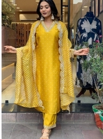 KALINI Bandhani Embroidered Regular Sequinned Kurta With Trouser & Dupatta