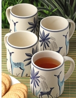 Arrabi Blue & White 4 Pieces Printed Stoneware Matte Mugs-220 ML Each