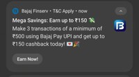 Earn upto 150 rs cashback by doing 3 transactions of 500