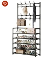 PulGos Metal Premium 5 Tiers Shoe and Coat Rack - Space-Saving 3-in-1 Free Standing Organizer with Sturdy Construction, Easy Assembly | Entryway Hall Tree Storage for Shoes, Coats, Bags, Umbrellas