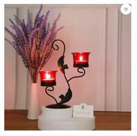 Hosley Metal Red Glass Tealight Holder|Perfect for Home Decor Iron Tealight Holder (Black, Pack of 1)