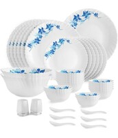 Cello Opalware Dazzle Series Blue Swirl Dinner Set, 35 Units | Opal Glass Dinner Set for 6 | Light-Weight, Daily Use Crockery Set for Dining | White Plate and Bowl Set