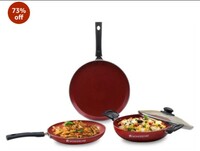 Wonderchef Valencia Non-Stick Cookware 4 Piece Set | Kadhai with Lid 24 cm, Fry Pan 24 cm, Dosa Tawa 28 cm | Cool Touch Bakelite Handles | Pure Grade Aluminium| PFOA Free| 2 Years Warranty | Red