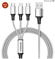 Kratos Unbreakable 1.2 Mtr 3 in 1 Charging Cable with Nylon Braided Long Life Multi charger cable fast charging for lighting, Type C and Micro USB ports, Fast charging cable for Smartphones & Tablets