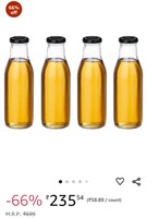 Amazon Brand - Solimo Glass Bottle with Airtight Cap (Transparent, 500 ml) - Set of 4