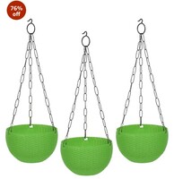 GTB Hanging PLANTERS Round Shape Garden Hanging Flower Port | Plastic Flower Pot | Hanging Planter | Metal Hanging Chain | Flower Pots for Home Garden Balcony Pack of 3 (Green)