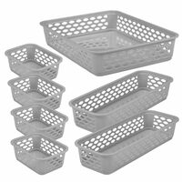 RATAN PLASTICWARE Diana Tray Baskets Pack of 7 (Small X 4/ Large X 1/ Narrow X 2) - (Grey)