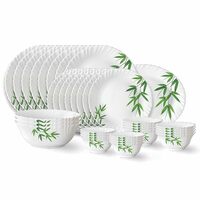 Larah by Borosil Bamboo Leaves Fluted Series Opalware Dinner Set | 33 Pieces for Family of 6 