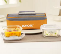 BOROSIL Zest Glass Lunchbox, 2pc Square Set (320ml Each), Horizontal Tiffin 2 Containers Lunch Box  (800 ml)