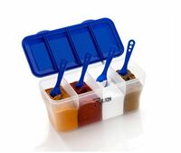 RILION Multipurpose Plastic 4 In 1 Masala Box for Kitchen, Transparent Pickel Box, 4 Compartment Storage Container Airtight For Cereal, Dry Fruits Dabba1800 Ml with 4 Spoons(Blue)
