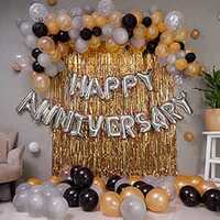 Just Party Set of 63 Pcs - 15 Silver 15 Gold 15 Black Metallic Balloons, Silver Happy Anniversary Foil, 2 Golden Curtains Theme Backdrop