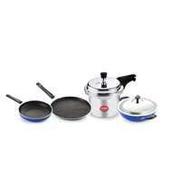 Crystal Nonstick Kitchen cookware Set | Kitchen Combi | Tawa 250 mm | Fry Pan 240 mm | Kdai with Steel Lid 240 mm | Pressure Cooker 3 LTR | PFOA Free | Blue